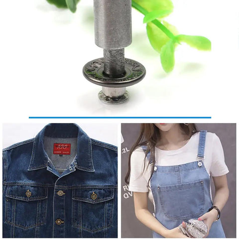 20 Piece Jeans Button Tack Kit With 17mm Metal Snap Fasteners For Jeans Jackets Backpacks And Other Heavy Fabrics Replacement Press Stud Set Includes Handy Storage Box Style Three shown with denim applications.