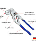 Adjustable Pliers Wrench With Smooth Parallel Jaws And SAE And Metric Scales, ultra-thin profile, labeled features, made in Germany