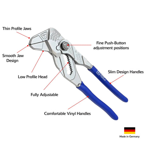 Adjustable Pliers Wrench With Smooth Parallel Jaws And SAE And Metric Scales, ultra-thin profile, labeled features, made in Germany