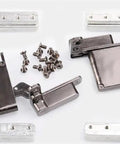 Tough As Nails Heavy Duty Invisible Aluminum Cabinet Door Hinges Featuring Silky Smooth Hydraulic Cushion and Completely Concealed Mount for Zero Hassle Daily Use, with screws and components.
