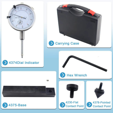 Diesel Engine Sleeve Height And Counter Bore Gauge Kit with dial indicator, case, base, hex wrench, flat and pointed contacts.