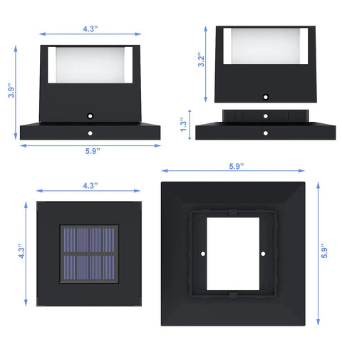 Six Pack Solar Post Lights For Wooden Posts And Fences, No Fuss 20 Lumen Warm White LED, multiple views and dimensions shown