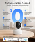 Indoor 3K Baby And Pet Monitoring Cam With Auto Tracking And 5MP Night Vision F16 Lens on a table, AI features displayed