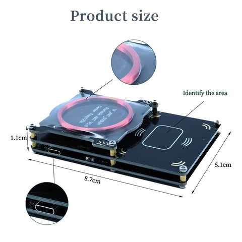 Proxmark3 Easy V5.0 512MB RFID Reader Writer With Built In Antenna Dual Frequency 125kHz And 13.56MHz, showing dimensions