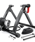 6 Level Magnetic Bike Trainer With Adjustable Resistance For Indoor Cycling Fits 26-28 Inch And 700C Wheels Includes Thru Axle Adapter Quick Release Lever And Front Wheel Riser Block. Workout stand with included parts.