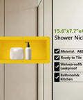 Tileable Shower Niche Foot Rest 16 By 8 By 4 Inches Recessed Wall Niche Insert shown with soap and bottle, in ABS material
