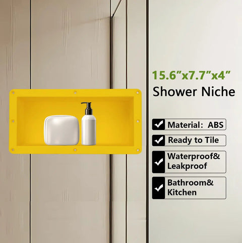 Tileable Shower Niche Foot Rest 16 By 8 By 4 Inches Recessed Wall Niche Insert shown with soap and bottle, in ABS material