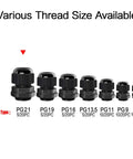 PG21 Cable Glands 20 Pack Waterproof Adjustable Range 12.5 To 18mm shown with various thread sizes available