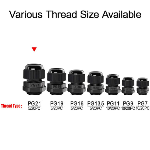 PG21 Cable Glands 20 Pack Waterproof Adjustable Range 12.5 To 18mm shown with various thread sizes available