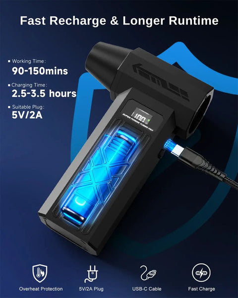 Rechargeable Electric Air Duster Blower with fast charging USB-C cable and indicators for keyboard, camera, PC use.