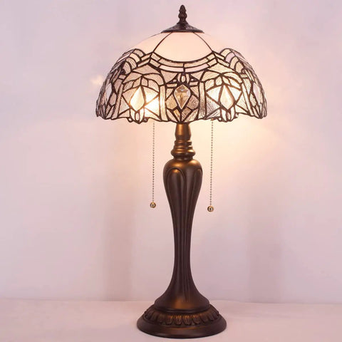 Tiffany Style Table Lamp With White Bent Stained Glass Crystal Shade, 12x12x22 Inches, UL Listed Bedside Desk Reading Light, Bronze Base