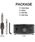 4 Inch Pro Grade Hole Saw Kit For Wood Metal Plastic And Drywall With Arbor Pilot Bit Replacement Bit And Hex Key Bi Metal Construction With High Speed Steel Teeth, showing package contents including hole saw, arbor, drill bit, and hex key.