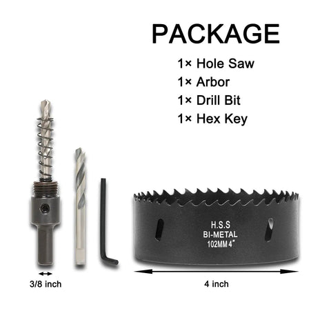 4 Inch Pro Grade Hole Saw Kit For Wood Metal Plastic And Drywall With Arbor Pilot Bit Replacement Bit And Hex Key Bi Metal Construction With High Speed Steel Teeth, showing package contents including hole saw, arbor, drill bit, and hex key.