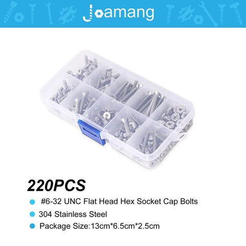 Premium 304 Stainless Steel Flat Head Hex Socket Cap Screws Set 220Pcs UNC 6 32 with nine common sizes in a clear box