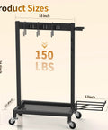 Beefed Up Cleaning Supplies Organizer And Broom Mop Holder Cart With Wheels showing product dimensions and 150 lb capacity