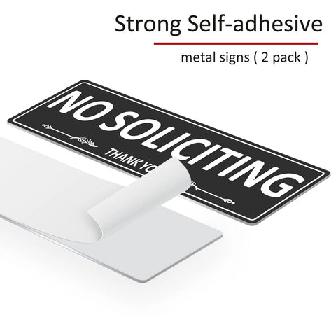 Two Pack No Soliciting Sign For Front Door Aluminum Metal Self Adhesive Built Tough Rust Free No Fade 7.5 By 2.5 Inches Sign
