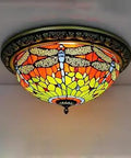 Dragonfly Pattern Tiffany Style Flush Mount Ceiling Light With Colorful Stained Glass Shade For Corridor And Bedroom, Cool Tiffany Lamps In Orange And Green, 19.69 Inches