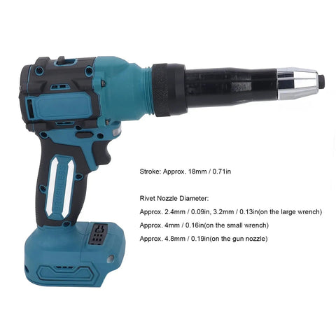 Powerful 18V Cordless Rivet Gun Kit With Bright Light And Auto Brushless Motor For Fast Heavy Duty Nailing Jobs On Wood Or Metal Surfaces Anywhere You Go, blue tool side view
