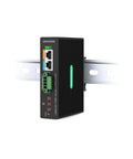 Heavy Duty Industrial Gigabit PoE Plus Splitter With Dual DC Outputs And Adjustable Voltage Secure DIN Rail Mount For PTZ Security Cameras Plug And Play Operation Rock Solid Reliability side view mounted on a rail