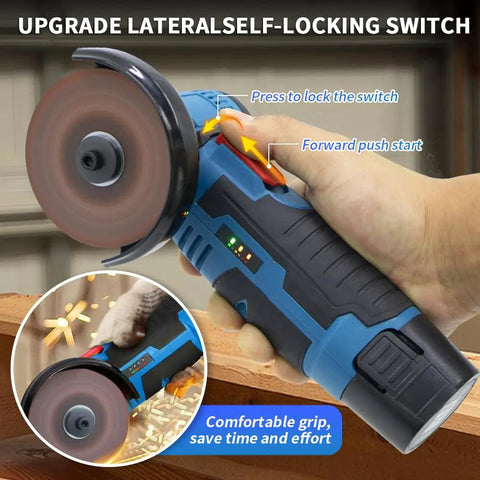 Cordless Mini Angle Grinder Kit With Dual 12V Batteries, Four Saw Blades, And 19500 RPM for metal and wood cutting and grinding