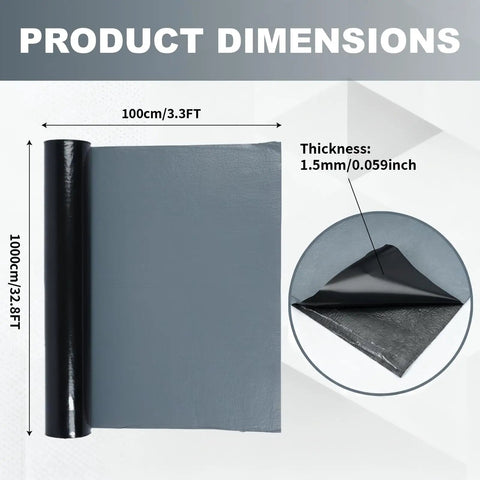 Self Adhesive Waterproof Roofing Roll Self Stick Rubber Membrane For House Dormer And Metal Roofs Tough As Nails Leak Stopper No Fuss Setup High Performance Black showing dimensions 3.3 x 32.8 ft and thickness 1.5mm.