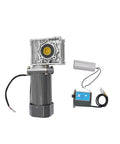 AC 110V worm gear motor with speed controller, front view; gray motor, blue control unit, white capacitor.
