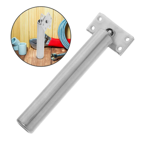 Badass Heavy Duty Adjustable Door Closer With Rock Solid Spring Pole Latch and Smooth Self Closing Gate Hinge close-up on metal latch.