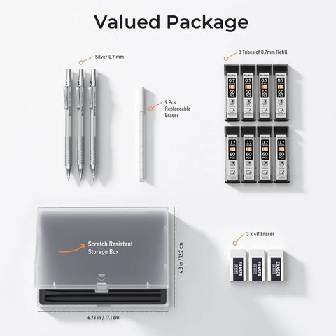0.7mm Metal Mechanical Pencil Set With Case Three Pack MP1000 Pro Grade Drafting Kit With 8 Tubes HB Leads 3 Erasers 9 Refills