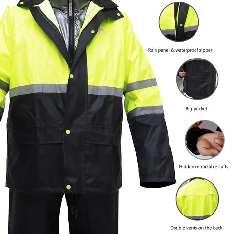 Hi Vis Reflective Rain Gear Set For Men Waterproof Jacket And Pants Yellow Large with safety reflectors and waterproof features