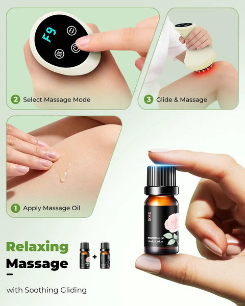 Chill Out Lymphatic Drainage Massager And Handheld Body Sculpting Machine shown with massage oil and usage steps