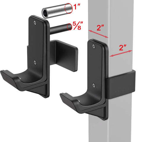 Bottom Reinforced J Hooks For 2x2 Power Rack With 5/8 Or 1 Inch Holes Rubber Pads And Beefed Up Heavy Duty Attachments For Squat Rack Training And Home Gym Use Set Of 2 installed on a power rack post, showing fit for 2x2 rack size.