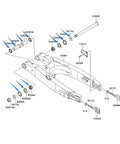 Kawasaki Swing Arm Bushing Roller Bearing Oil Seal Kit Fits 96 To 07 Models Beefy Durability Beats OEM Rubber Parts With Sleeves Reduce Friction Boost Handling Feel Great Any Time Ride Reliable Performance Guaranteed Daily Or Weekend Use exploded diagram showing bushings, bearings, and seals
