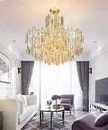 Tiered Pendant Chandelier With Crystal Accents In Gold Finish, Eight-Light Ceiling Suspension Lamp For Dining Room