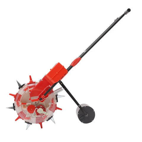 Side view of a Metal Precision Garden Seeder With 6 Nozzles Walk Behind Row Crop Planter Manual Seeder, red and black in color.
