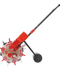 Six Nozzle Hand Push Seeder For Lawn And Garden Walk Behind Roller Planter, durable iron and plastic build, side view