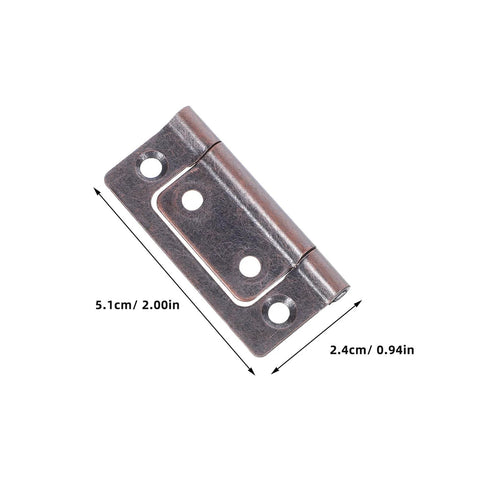 Close-up of a heavy-duty cabinet hinge plate in stainless steel with mounting holes; 5.1 cm long, 2.4 cm wide