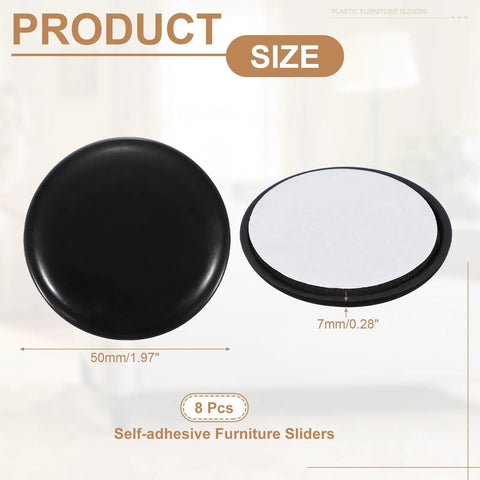 Self Adhesive Furniture Sliders 8 Pack Round Floor Savers That Slide Like Hot Butter No Nonsense Moving Pads Reusable Chair And Table Glide Protectors Heavy Duty Black PE Plastic with size details 50mm and 7mm.