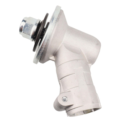 Side view of Bevel Gear Replacement Gear Head For Trimmers Fits 128 LX 128LD 128LDX 125L showing metal housing and nut.
