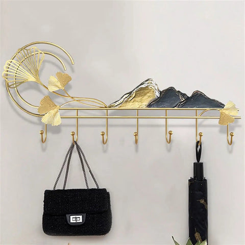 Heavy Duty Wall Mount Coat Rack With Five Slick Metal Hooks Top Shelf Entryway Organizer For Jackets Hats And Scarves Modern Closet Storage Solution Smooth Setup with gold accents and decorative mountain design.