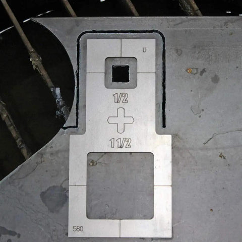 Square Cutter Plasma Stencil Kit 5 Piece Set For Pro Grade Metal Fabrication, showing steel template with 1/2 and 1 1/2 guides.
