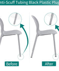 Before and after comparison of chair leg with 1x2 Inch Rectangle Tubing Plug Set Of 10 With End Caps For 1x2 Tubing, durable plastic plugs installed.