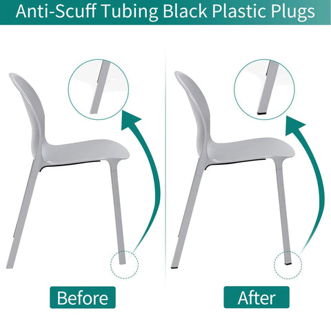 Before and after comparison of chair leg with 1x2 Inch Rectangle Tubing Plug Set Of 10 With End Caps For 1x2 Tubing, durable plastic plugs installed.