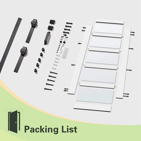 Glass And Wood Barn Door Kit 30In X 84In With Frosted Five-Panel Glass, White Primed MDF Panel, Pre Drilled hardware parts