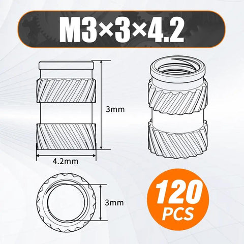Diagram of Brass Pro Grade Heat Set Insert Nuts For 3D Printing M3 Size 120 PC Pack Anti Spin Threaded Inserts For Plastic Builds With 360 Degree Anti Rotation Grip And Quick Easy Heat Set Installation