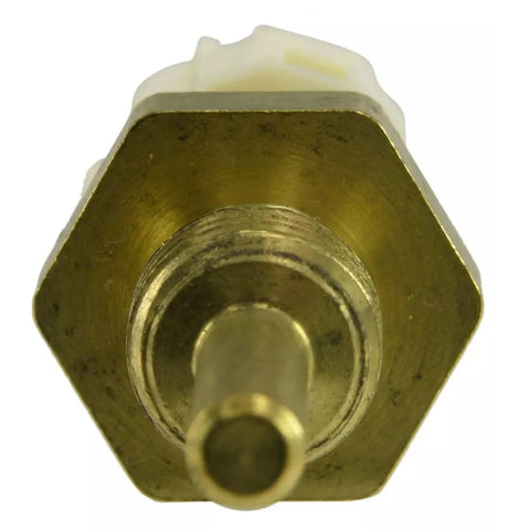 Engine coolant temperature sensor with brass hex body and white plastic connector, close-up view