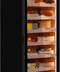 Beefy 380L Electric Cigar Humidor with cedar shelves and glass door, showing cigars on trays, hygrometer and temperature control panel visible