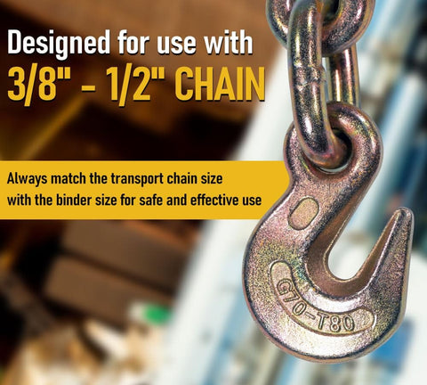 Close-up of a grab hook on a chain for 4 Pack Heavy Duty Ratchet Lever Load Binders With Grab Hooks, 12,000 Lb Working Load Limit Each.