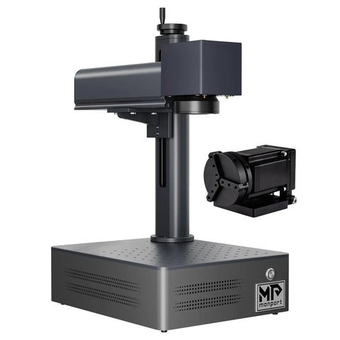 20W Fiber Laser Engraver With Rotary Axis LightBurn Compatible Metal Marking Machine, compact size on gray base.