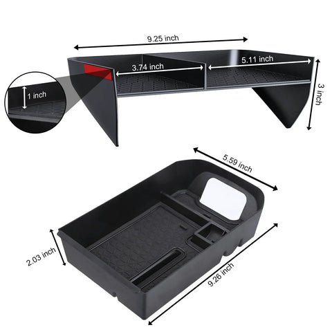 Toyota RAV4 Center Console Organizer Two Pack, Custom Fit Tray And Armrest Storage Divider For 2019 To 2025 Models, dimensions shown