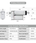 Dimensions and specifications for 12V Heavy Duty Linear Actuator 330 LBS 1500N Silent Waterproof IP54 with mounting brackets, diagram view.